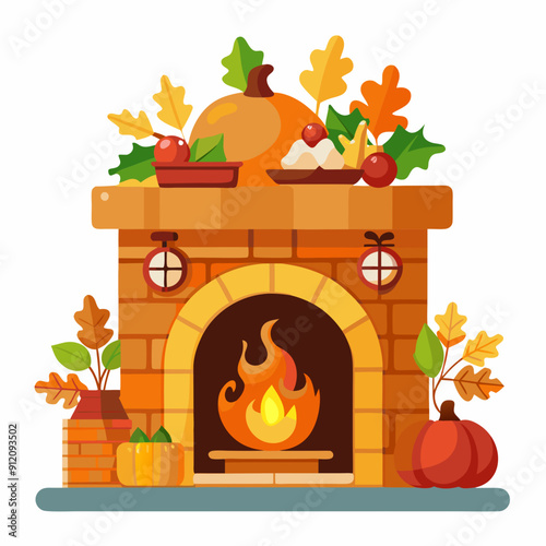 Fireplace with Thanksgiving mantel display art vector illustration