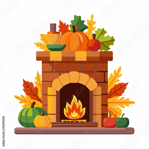 Fireplace with Thanksgiving mantel display art vector illustration