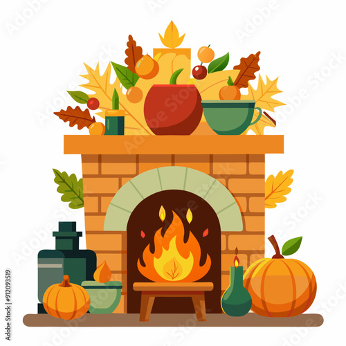 Fireplace with Thanksgiving mantel display art vector illustration