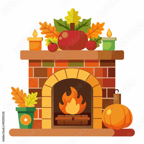 Fireplace with Thanksgiving mantel display art vector illustration