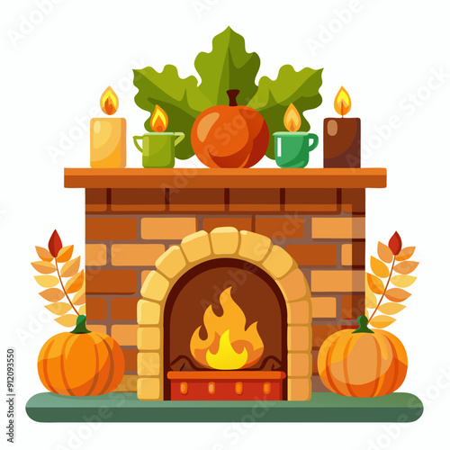 Fireplace with Thanksgiving mantel display art vector illustration