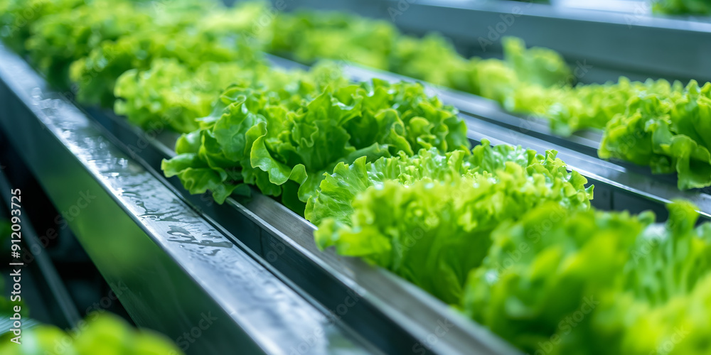 Fresh Lettuce on Production Line in a Modern Agricultural Processing Facility Fresh Lettuce on Production Line in a Modern Agricultural Processing Facility