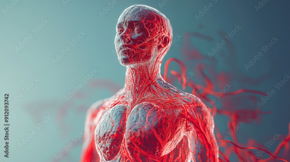 A detailed rendering of the human anatomy showcasing veins and muscles ...