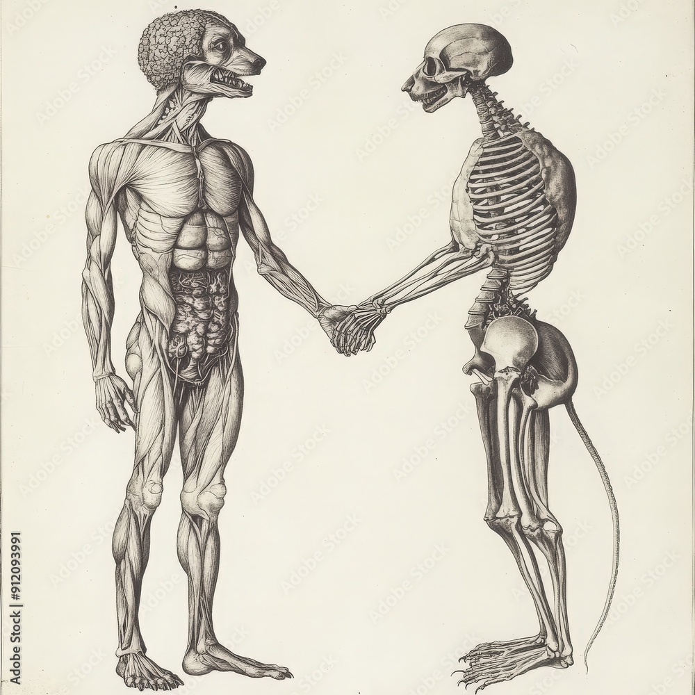 Fototapeta premium artistic representation human anatomy showing living figure skeleton handshake, symbolizing life mortality.