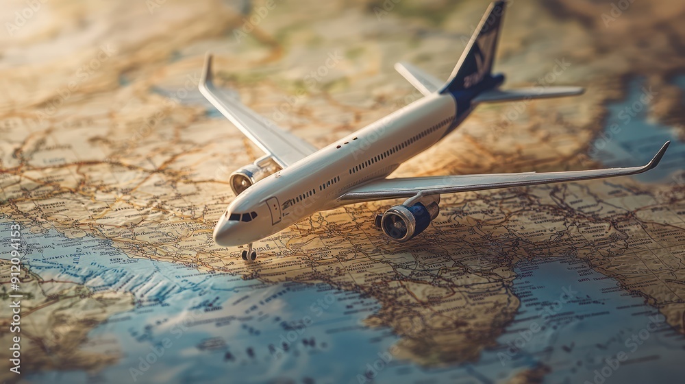 Naklejka premium A miniature airplane on a map with Boeing