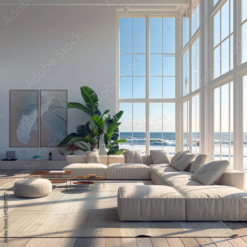 Modern Oceanfront Living Room Luxury Beach House or Condo, Neutral Sofa & Décor for Realtor, Property Rental, Vacation Home, Tropical Setting