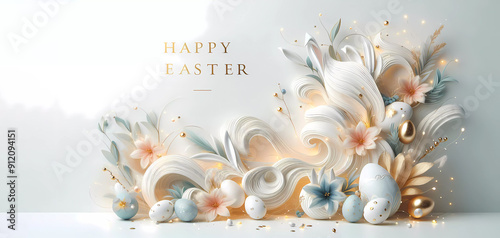 Abstract Easter background. White, gold colors. Happy Easter inscription. Banner. Generated AI