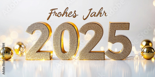 Text mit Glitter und Deko Frohes neus Jahr 2025 für Karte Einladung Werbebanner photo