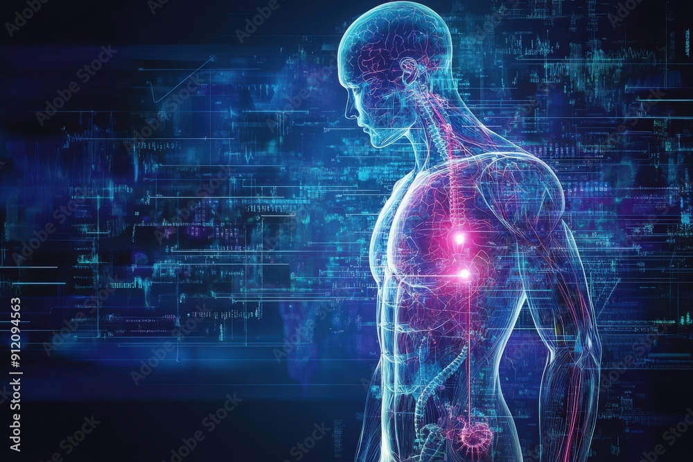 Futuristic illustration of a human body with glowing digital elements showcasing technology and anatomy integration. Futuristic illustration of a human body with glowing digital elements showcasing technology and anatomy integration.