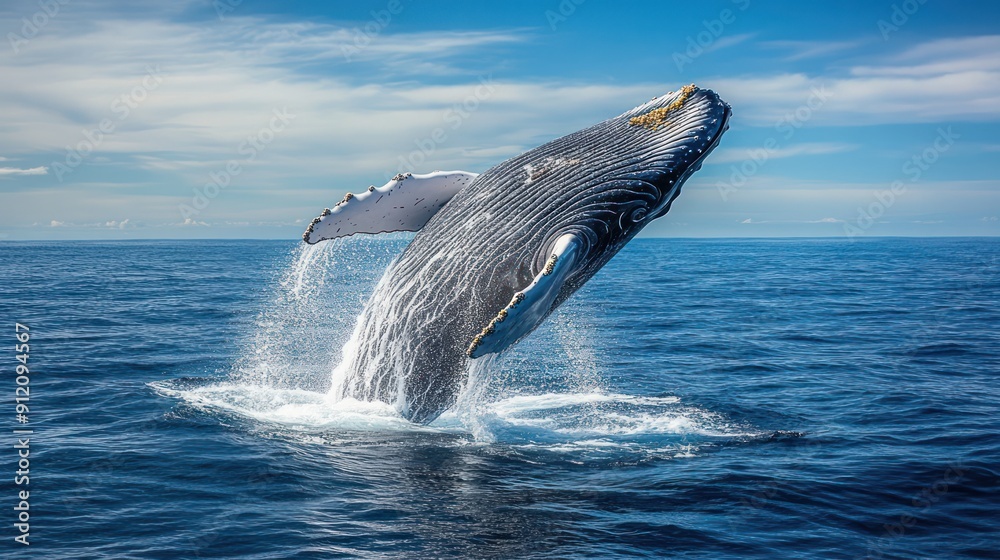 Fototapeta premium Blue whale jumping in blue sea