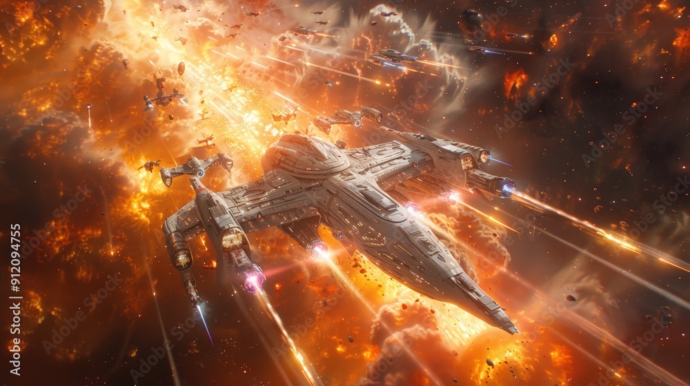 Fototapeta premium Spacecraft in a Fiery Battle
