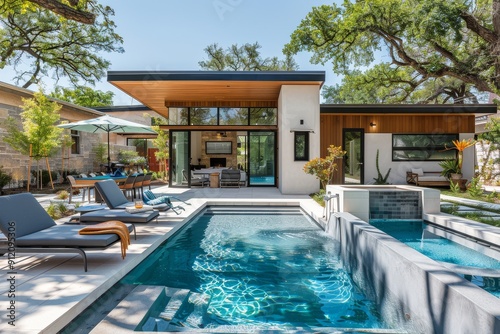 Small pool with loungers and sunshade in a modern mid-century style home located in the Austin neighborhood  viewed from the backyard towards the front of the house.
