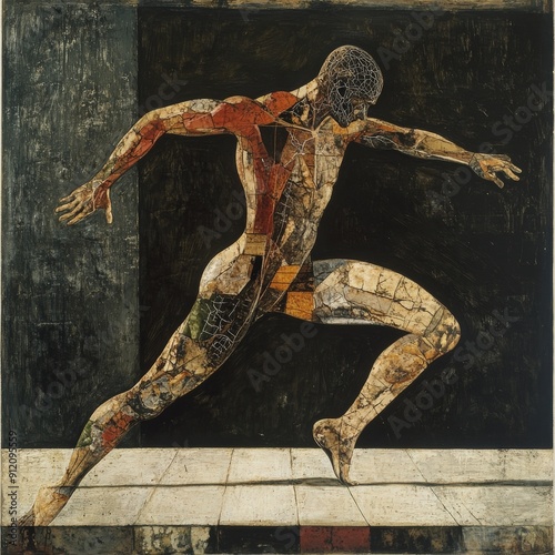 dynamic art piece showcasing stylized human figure motion, exploring themes anatomy expression.