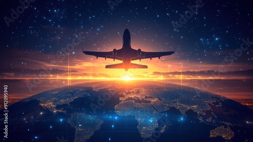 Traveling Around the World,  World Map and Earth Globe Design with Plane