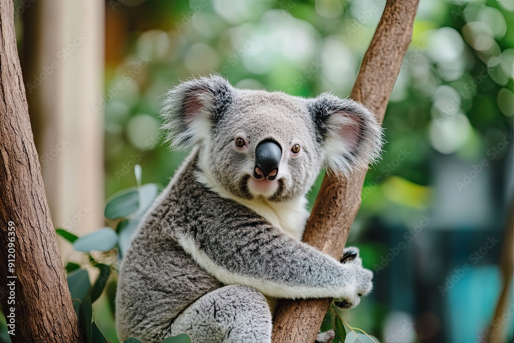 Obraz premium Close-up of a koala sitting in a tree with an eucalyptus forest background