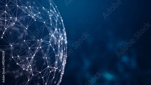 Cyber protect security sphere. Digital network connections forming a globe on a dark blue background, symbolizing global communication and technology. 