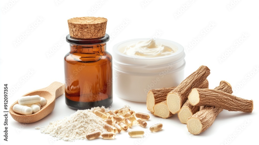 Concept of Ginseng extract , Ginseng oil , ginseng powder , ginseng cream on white background , Generative AI