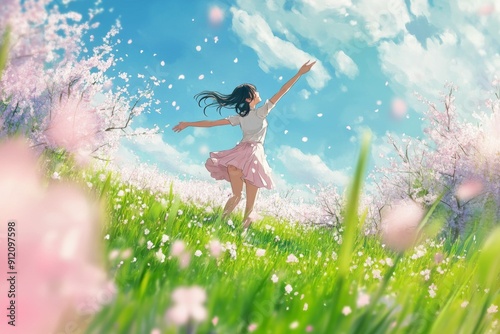 Ballet of Blossoms: A High-Definition Hand-Drawn Illustration of Nature's Ballet on a Spring Meadow, Celebrating the Season's Revival with Grace, Elegance, and Warm Breezes in Anime Style. photo