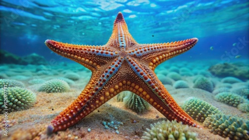 Close up of a vibrant starfish on the ocean floor, marine life, underwater, ocean, beach, colorful, echinoderm
