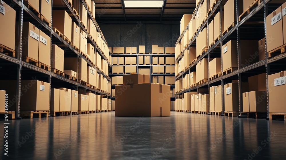 A vast warehouse filled with neatly stacked cardboard boxes under bright lights, showcasing organized storage solutions. A vast warehouse filled with neatly stacked cardboard boxes under bright lights, showcasing organized storage solutions.