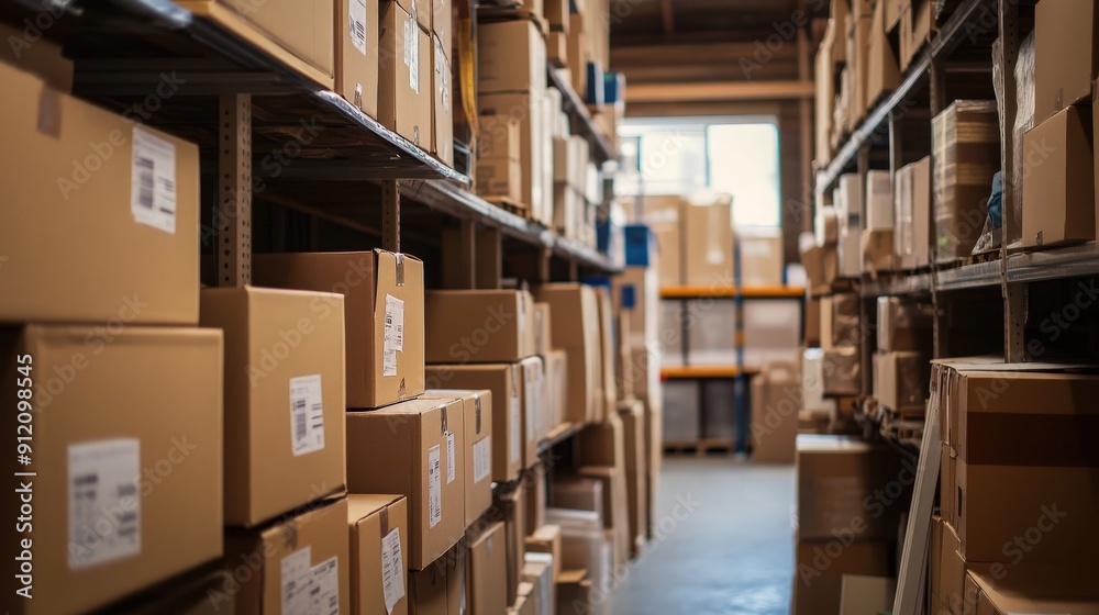A well-organized warehouse filled with cardboard boxes on shelves, ideal for logistics and inventory management. A well-organized warehouse filled with cardboard boxes on shelves, ideal for logistics and inventory management.