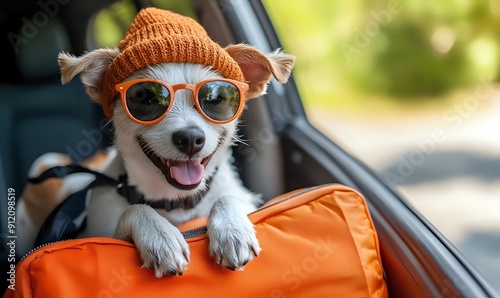 Dog Wearing Sunglasses and Hat in Car, Ready for Adventure photo