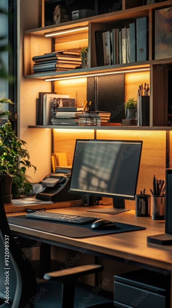 Modern office workspace with a computer, bookshelves, and plants, creating a productive and inspiring environment. Modern office workspace with a computer, bookshelves, and plants, creating a productive and inspiring environment.
