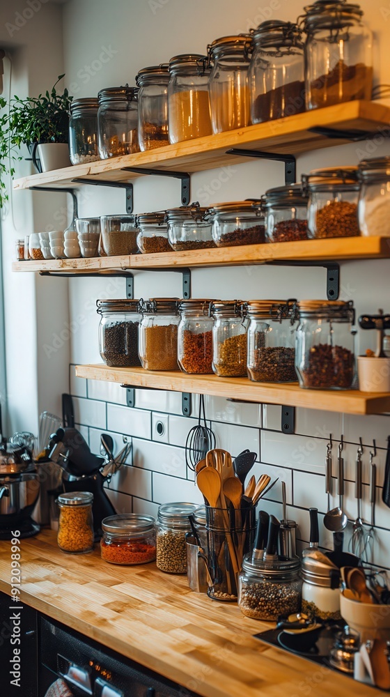 Organized kitchen with shelves of jars filled with spices and cooking utensils, showcasing a modern culinary space. Organized kitchen with shelves of jars filled with spices and cooking utensils, showcasing a modern culinary space.