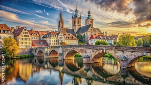 Cityscape with an old stone bridge overlooking a beautiful church, city, urban, skyline, bridge, architecture, historical