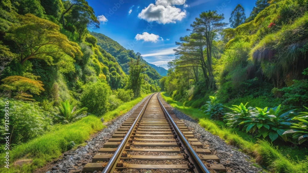 Fototapeta premium A scenic railway path surrounded by lush greenery and clear blue skies, railway, path, transportation, train, tracks