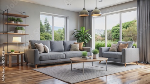 Modern living room with comfortable gray sofa   contemporary  interior  design  minimalist  decor  furniture  home  apartment