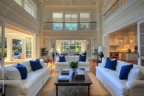 Luxury Living Room with White Sofas, Blue Pillows, and a Beautiful View photo