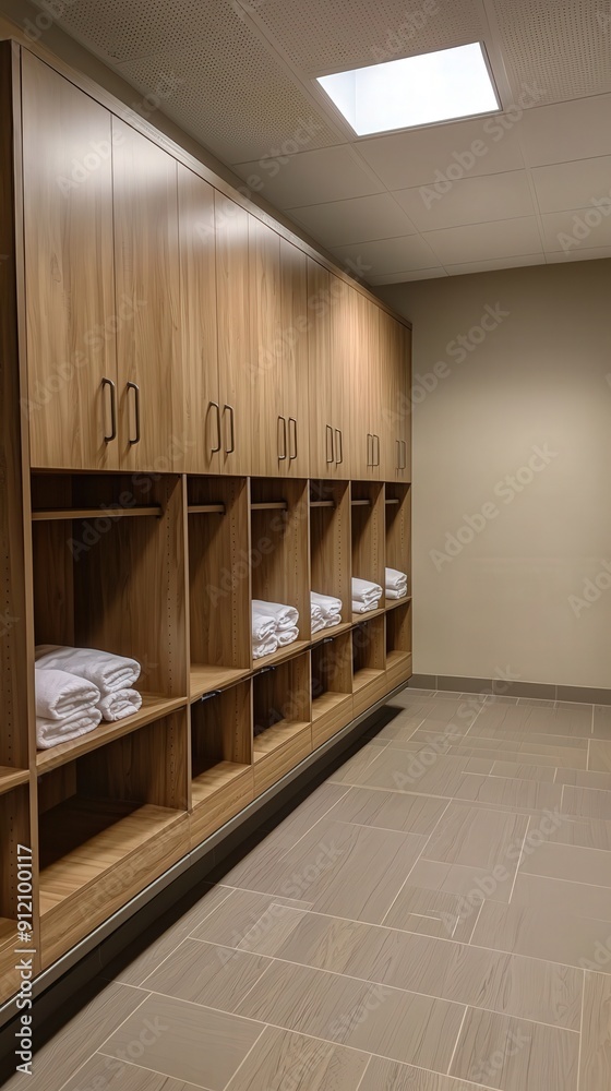 Fototapeta premium A modern locker room with sleek wooden cabinets and neatly folded towels, creating a calm and organized atmosphere.