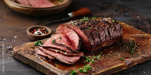 Classic Commonwealth Sunday Roast with Sliced Cold Cuts Roast Beef Seasoned with Thyme and Salt on Wooden Cutting Board photo