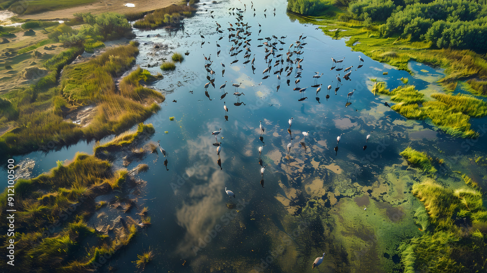 a wetland with cranes standing in the waters a wetland with cranes standing in the waters