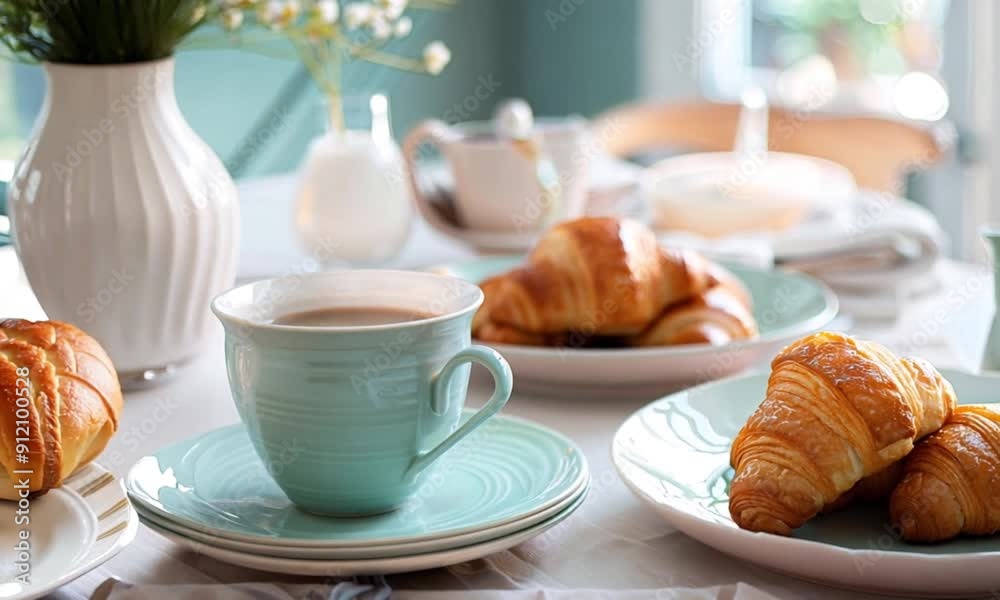 A delightful breakfast setting with fresh croissants on a plate and a cup of coffee in a light blue cup, accompanied by a milk jug and flowers in a vase A delightful breakfast setting with fresh croissants on a plate and a cup of coffee in a light blue cup, accompanied by a milk jug and flowers in a vase