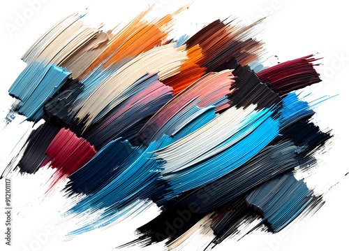 Bold, textured paintbrush strokes in various colors on a white background