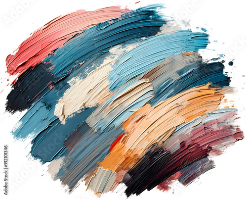 Bold, textured paintbrush strokes in various colors on a white background