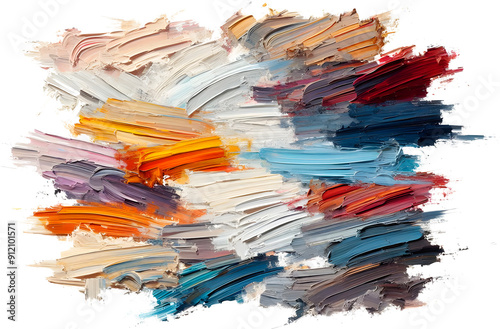Bold, textured paintbrush strokes in various colors on a white background
