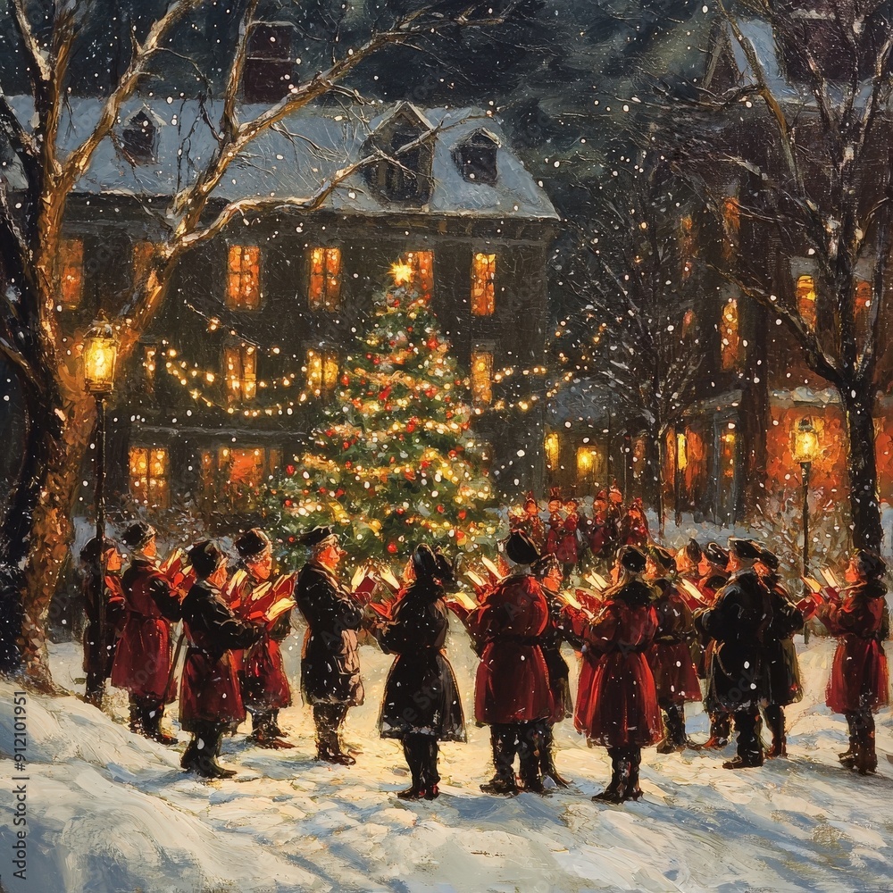 Obraz premium festive winter scene choir singing carols around beautifully decorated Christmas tree snow.