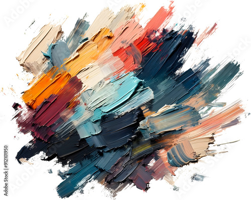 Bold, textured paintbrush strokes in various colors on a white background