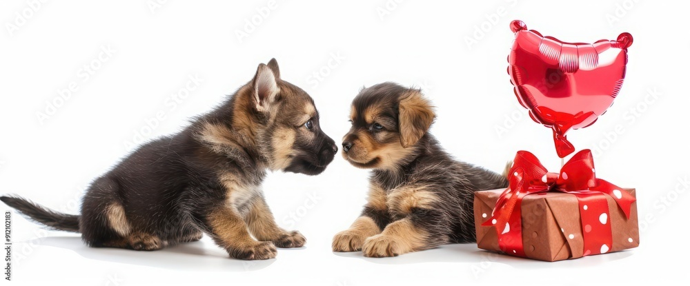 Obraz premium Kitten and puppy with heart shaped balloon and gifts. isolated on white background