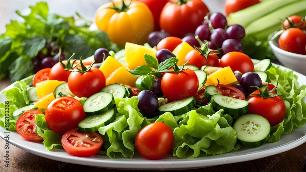 A plate of assorted vegetables including tomatoes, cucumbers, and lettuce A plate of assorted vegetables including tomatoes, cucumbers, and lettuce