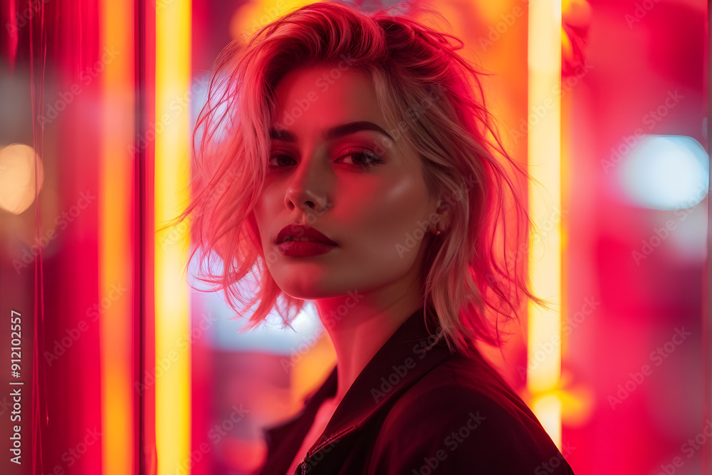A woman with short blonde hair and red lipstick stands in front of a neon sign A woman with short blonde hair and red lipstick stands in front of a neon sign