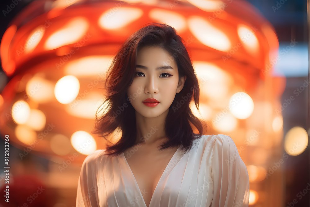 A woman in a white dress is standing in front of a red light A woman in a white dress is standing in front of a red light