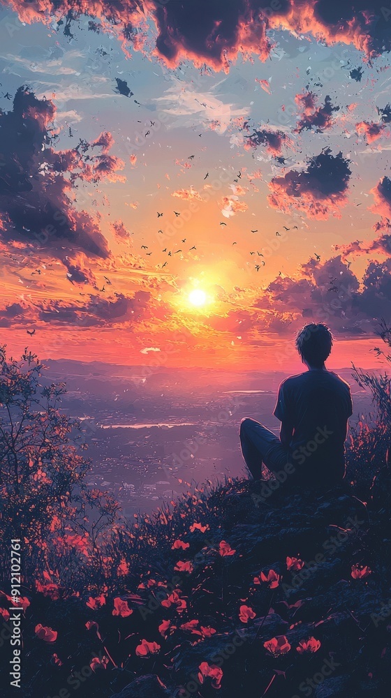 Obraz premium A serene sunset scene with a person sitting quietly among flowers, gazing at the colorful sky and reflecting on nature's beauty.