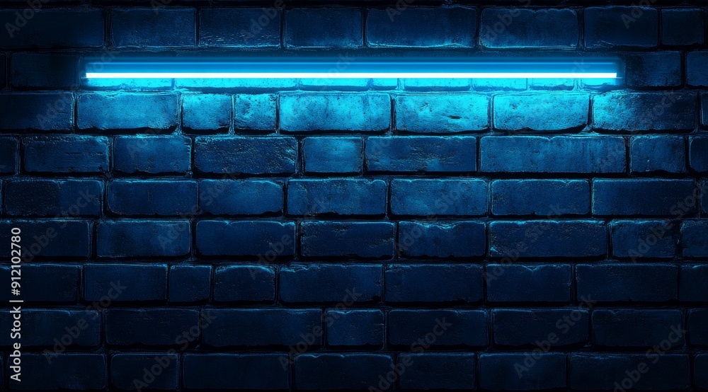 dark blue brick wall with glowing neon light bar on top dark blue brick wall with glowing neon light bar on top