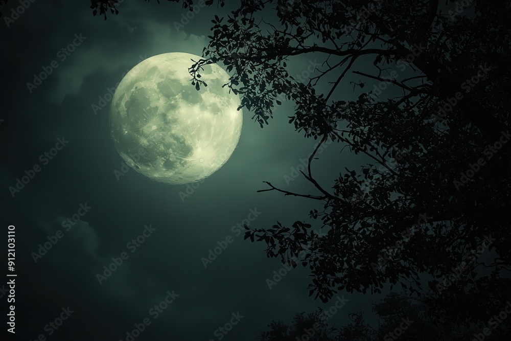 Naklejka premium A stunning full moon glows brightly against a dark sky, framed by silhouettes of trees, creating a mystical night scene.