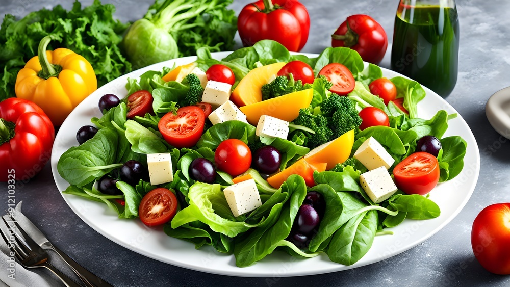 A plate of salad with a variety of vegetables including tomatoes, cucumbers A plate of salad with a variety of vegetables including tomatoes, cucumbers