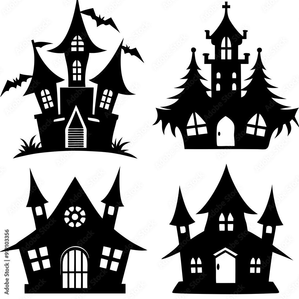 scary Halloween house black silhouette Set art vector illustration scary Halloween house black silhouette Set art vector illustration
